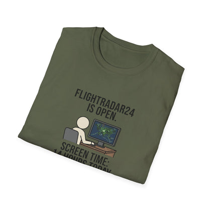 FlightRadar24 Fan T‑Shirt – “FlightRadar24 is Open. Screen Time: 14 Hours Today.”