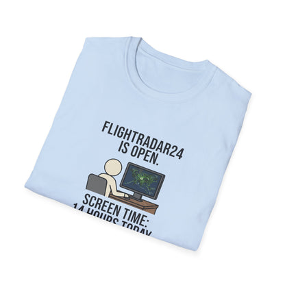 FlightRadar24 Fan T‑Shirt – “FlightRadar24 is Open. Screen Time: 14 Hours Today.”