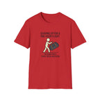 Packing Humor T-Shirt — "Gearing Up for a One-Hour Flight, Packing for a Three-Week Vacation"