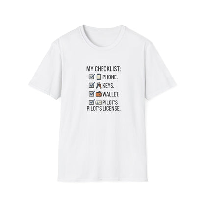 Pilot Checklist T-Shirt — "My Checklist: Phone, Keys, Wallet, Pilot's License"