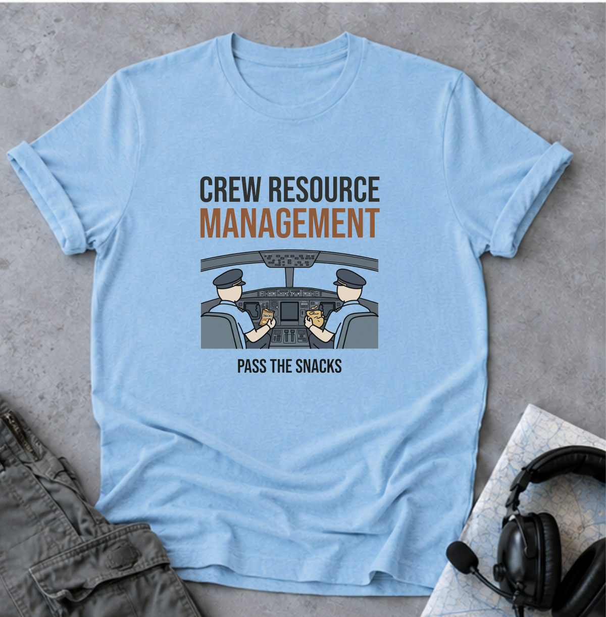 Crew Resource Management T-Shirt — Pilot Cockpit 'Pass the Snacks' Aviation Tee