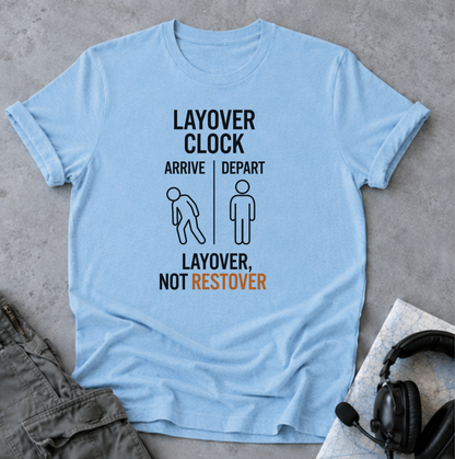 Layover Clock T‑Shirt — "Layover, Not Restover" Travel Tee