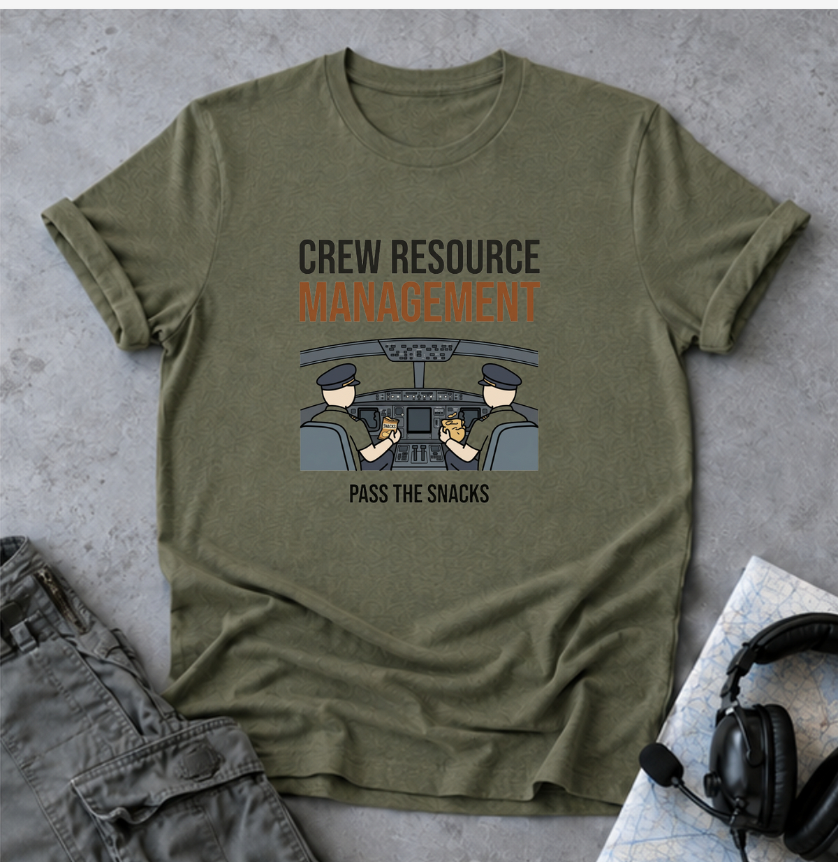 Crew Resource Management T-Shirt — Pilot Cockpit 'Pass the Snacks' Aviation Tee