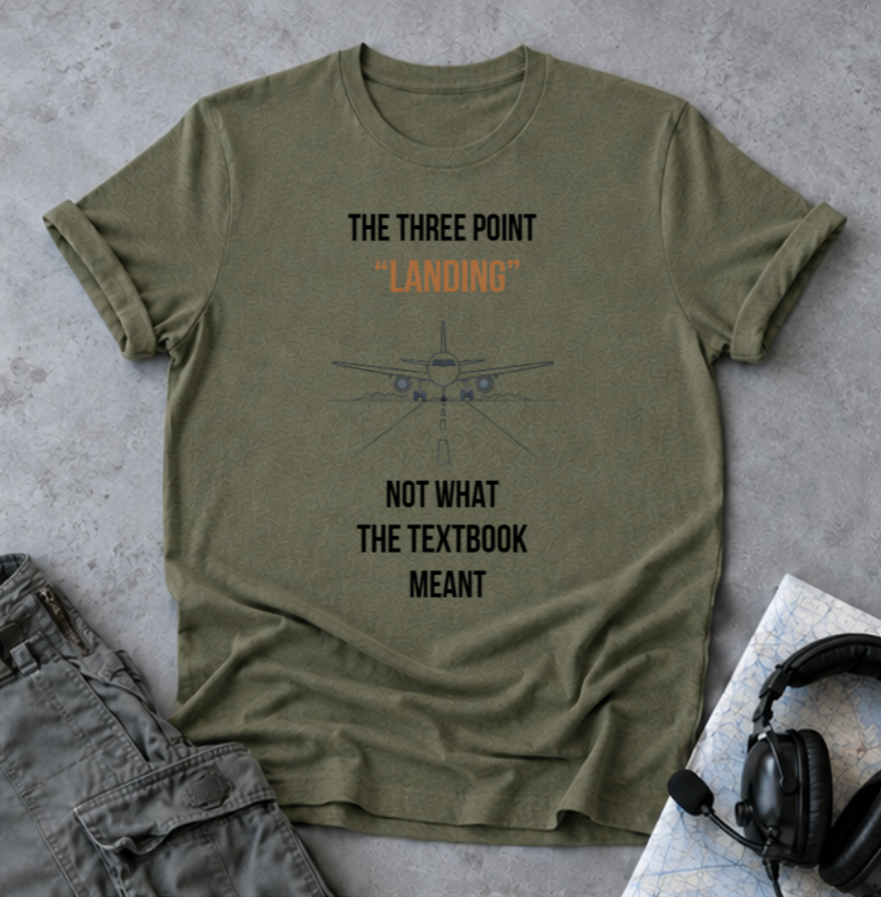 Aviation T‑Shirt — “The Three Point ‘Landing’” Pilot Humor Tee