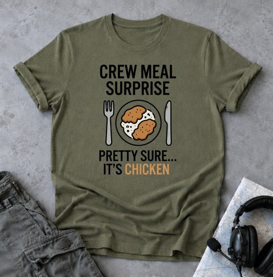 T-Shirt — "Crew Meal Surprise: Pretty Sure... It's Chicken" Funny Flight Crew Tee