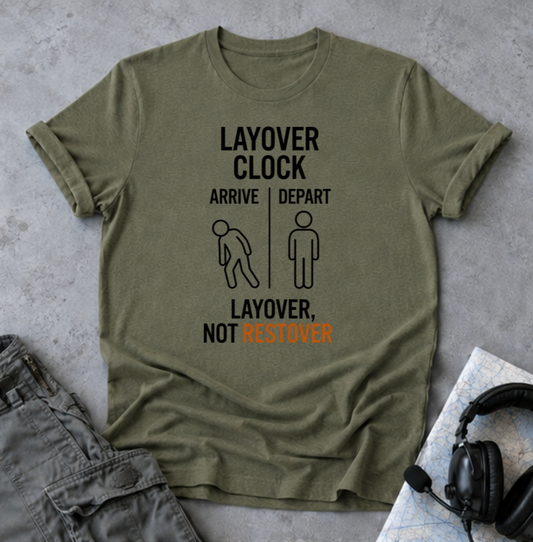 Layover Clock T‑Shirt — "Layover, Not Restover" Travel Tee