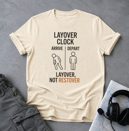 Layover Clock T‑Shirt — "Layover, Not Restover" Travel Tee